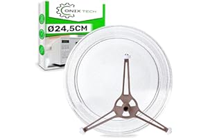 Mikrowellenteller Glas mit einem Durchmesser von Ø 24,5 cm Geeignet für LG und Andere Marken mit einer Mikrowelle Teller von 245 mm - Das Set Enthält einen Tellerhalter Mikrowelle - ONIX TECH