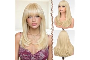 FESHFEN Perruque Longue avec Frange, Naturelle Synthétiques Blond Perruque de Cheveux Perruque Carnaval de Cosplay pour Femme 45 cm