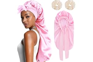 ‎STARVORTEX Starvortex Satin Haarhaube, Belüftung Haarschutz für Die Nacht mit 2pc Scrunchies Satin Haarhaube, Einstellbar Schlafmütze Seide, Belüftung Seidenhaube Zum Schlafen Locken Lange Haare (Rosa)
