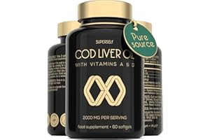 SUPERSELF Cod Liver Oil Capsules High Strength 2000mg - Rich in EPA DHA Omega 3 & Vitamins D and A - 60 Softgel Tablets - 1000mg Arctic Cod Liver Oil per Capsule - Odourless & Burp-Free Fish Oil - UK Made