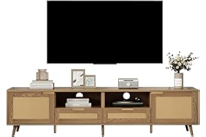 BTM TV Stand With Real Rattan Design, Solid Wood Legs, 200 x 37 x 49 cm, Light Brown