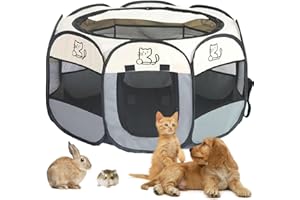 Welpenauslauf 74x74x43cm, BRIMOREA Katzenkäfig Hundekäfig für zuhause, Wurfkiste Wurfbox für Katzen Kaninchenstall innen Katzengehege Balkon Katzenkäfig für Draußen Kaninchengehege(Graue Katze)