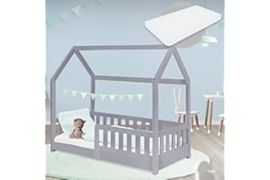 ‎ML DESIGN MODERN LIVING ML-Design Kinderbett 70x140 cm Hellgrau mit Matratze, Rausfallschutz, Dach & Lattenrost, Hausbett für Mädchen und Jungen, Bettenhaus aus Kiefernholz, Spielbett Bodenbett Jugendbett Kinderhaus Holzbett