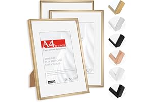 HIMEETIME® 3x Cadre Photo A4 21x29.7cm en Aluminium Doré Champagne à Finition Brossée-Avec Passe-Partout A5 15x21cm-Cadre Photo 21x30 Moyen avec Plastification-Montage Mural ou à Poser