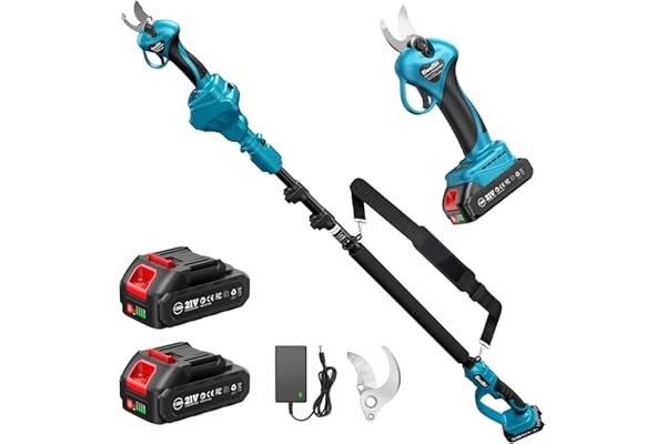 Seesii Secateur electrique avec Perche, Portée de 4,6 m, Secateur Telescopique Electrique & Sécateur à Batterie 2-en-1, 33 mm Sécateur Électrique sans fil, 2x2.0 Ah Batteries, 600 W Moteur Sans Balai