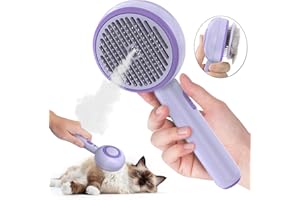 HATOLOVE Katzenbürste Kurzhaar, Katzenbürste mit Einem Knopf, Haustier Bürsten, Selbstreinigende Fellbürste Katze für Langhaar und Kurzhaar zum Entfernen Losem Fell und Schmutz, Lila