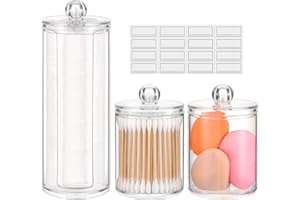 WACAR 3 Pack Cotton Bud Holder, Cotton Pad Holder, Acrylic Bathroom Cotton Wool Bud Holder Apothecary Jars Bathroom Storage for Cotton Ball Swab Pads Cotton Pad Dispenser with Lids