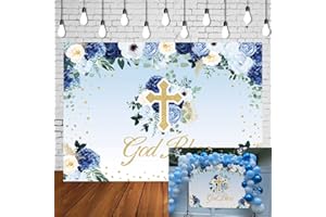 WANGRJ God Bless Communion Backdrop First Baptism Christening Party Blue Flower Photography Background Newborn Boy Children Baby Shower Supplies Photo Booth Props 7x5FT,Blue