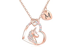 TINGN Collier Licorne Plaqué Or Rose 14 Carats - Pendentif Coeur Initiales CZ pour Filles - Cadeau d'Anniversaire Bijoux pour Femmes