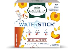 L'Angelica, Waterstick, Gusto Tè Alla Pesca, Sgonfia e Drena, Con Vitamine, Minerali, Magnesio e Ginseng, Contro Stanchezza e Affaticamento, Zero Zuccheri & Zero Calorie, 1 Astuccio da 12 Stick