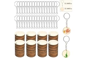 FOCCTS 100Pcs of Natural Wood Slices, Unfinished Predrilled Log Discs Wooden Circles with 100Pcs Key Rings Combination Set, Perfect for DIY Christmas Decorations Ornaments