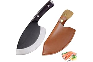 Fubinaty Couteau de cuisine Couteau de cuisine forgé à la main pour les activités de plein air, en acier au carbone, pour la chasse et la pêche, Full Tang, pour le camping, avec étui en cuir