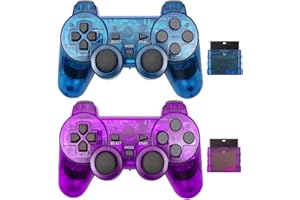 Hovlian Wireless Controller for PS2,Built-in Dual Vibration 2.4G Gamepad Joystick Compatible for Playstation 2 (2PACK, Clear Blue and Clear Purple)