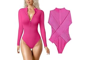 LOTGET Women's Bodysuits Sexy Ribbed One Piece V Neck Long Sleeve T Shirts