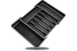 AMMEWORLD Expandable Cutlery Tray - Adjustable Cutlery Drawer Organiser for Forks, Spoons and Knives - Plastic Utensils Divider with 8 Compartments - Compact Kitchen Drawer Organiser (Black)