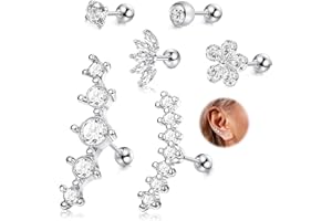 CASSIECA 6 Pcs en Acier Inoxydable Argent Cartilage Oreille Boucles d'oreilles pour Femmes Filles Tragus Helix Boucles d'oreilles Fleur Conque Dos Plat Bijoux Piercing 16G