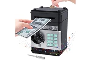SunnyOcean Electronic Money Box for Kids Ages 3+, Piggy Banks for Kids Boys Girls with Music, ATM Money Box with Password, Cash Coin Money Saving Box for Kids Birthday Children's Day Toy Gift(Black)