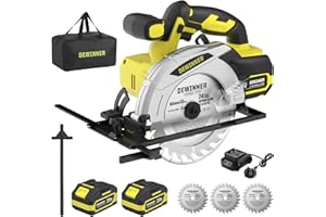 DEWINNER Cordless Circular Saw with 4.0Ah Lithium-Ion Batteries,4000RPM Electric Circular Saw with Electric Brake,Max38mm (45°),54mm (90°),3 * 165mm 24T Blades,Canvas Bag (Two Batteries)