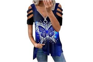 MICKURY Damenmode Casual Print Loose Zipper Kurzarm T-Shirt Tops Bluse