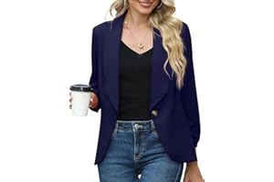 PrinStory Womens Blazer Suit Open Front Cardigan 3/4 Ruched Sleeve Casual Work Office Blazer Jacket for Ladies