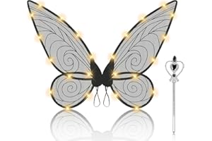 Sudwasi FairyWing Adult Kids,Light Up FairyWing,Butterfly Wings,Angel Wings Kids with Magic Wand,Fairy Angel Wings for Adults Girls Women,Cosplay Photography Birthday Party Costume,Black
