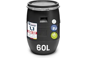 Garronda réservoir d'eau de 60 litres, Baril Alimentaire, fût à Large Ouverture en HDPE et sans BPA, tonneau de Jardin, bac à Aliments pour Animaux, conteneur d'eau, tonneau Universel GD-0078, Noir