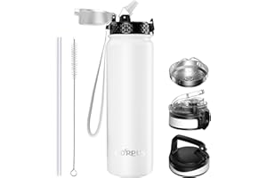 Goppus 1L/32oz Bouteille d'eau Acier Inoxydable avec Paille Bouteille d'eau Thermique Chaude à Double Paroi en Acier Bouteilles d'eau Isolées Bouteille d'eau Froide étanche Adulte avec 3 Couvercles