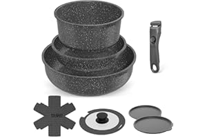 YASHE Batterie de Cuisine 9 Pièces, Set de Casseroles et Poêles Antiadhésives, Compatible Tous Feux dont Induction, Poignées Amovibles, Passe au Four, Design Empilable et Gain de Place, Grise