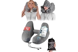 FLOWZOOM Air Cuscino da Viaggio Gonfiabile per Aereo e Auto – Cuscino per il Collo Regolabile con 5 Posizioni per Dormire, Gonfiaggio Rapido, Cappuccio Removibile, Fodera Vellutata – Taglia L, Grigio