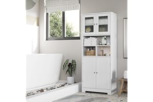 HOCSOK Armoire de Salle de Bain avec Compartiment Ouvert et 4 Portes en Bois avec étagère réglable Blanc 147,5 x 60 x 30 cm