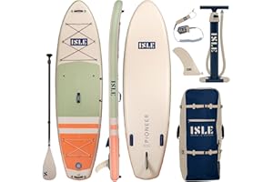 ISLE SURF AND SUP ISLE Pioneer Inflatable Stand Up Paddle Board, Incl. 8′ Coil Leash, Nylon Touring Center Fin, Backpack, Hand pump, Paddle - Beginner friendly SUP - Designed in California