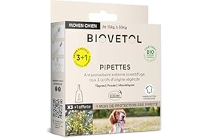 BIOVETOL - Pipettes Antiparasitaires Chien - Antiparasitaire Bio Certifié Ecocert - Anti-puces, Anti-Tiques (pour Moyen Chien (de 15 à 30 kgs), 3 pipettes + 1 Offerte)