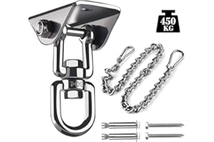 ABSOFINE Hak sufitowy 450 kg, obracany o 360°, wysokiej jakości stal nierdzewna, hak na huśtawkę, z łańcuszkiem przedłużającym, dwa karabińczyki do wiszącego fotela, betonu, drewna, placu zabaw,