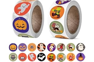 MTAAJIN Halloween Aufkleber Rolle 1000 Stück Halloween Versiegelung Aufkleber, Trick or Treat Aufkleber Halloween Rund Selbstklebende Etiketten mit 16 Mustern für Halloween Dekorationen und Partys(2 Rollen)