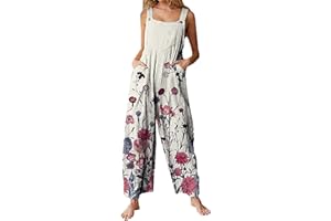 YILEEGOO Baumwoll-Leinen-Latzhose für Damen, lässiger Overall, weite Beinhose, Overall, Playsuit