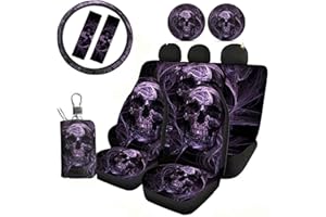Jeiento Skull Design Full Set of 10 Front and Rear Seat Covers SUV Car Sedan with Steering Wheel Cover, Seat Belt Cover, Coaster and Keyring