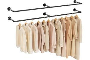 Yawinhe Attaccapanni da Muro Industriale, Barra Appendiabiti da Parete a Tubo 180cm, Salvaspazio, Rimovibile Appendino, per Lavanderia, Nero,2 Pack, YMG004-2