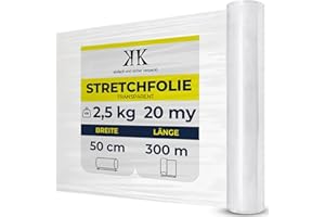 ‎KK VERPACKUNGEN KK Verpackungen Stretchfolie, Transparent, Möbelfolie, Umzugsfolie, 1 Rolle, 50cm x 300m - 20my reißfest & dehnbar, Ideal für Einlagerung & Möbelschutz
