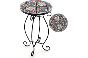 GOPLUS Table d’Appoint en Mosaïque, Table d’Appoint Ronde avec Plateau en Carreaux&Cadre en Métal Robuste, Support pour Plantes, Convient pour Balcon, Terrasse, Jardin, 30X30X50 CM (Multicolore)