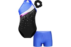Oyolan Enfant Fille Justaucorps Gymnastique Strass avec Short Danse Gym Patinage Costume Spectacle Entraînement 5-16 Ans