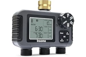 Insoma 3-Zone Sprinkler Timer with Brass Inlet + IPX5 Waterproof | Programmable Auto/Manual Irrigation Mode with Rain Delay & Large LCD | Water Hose Timer 3 Outlets for Garden, Lawn, Yard, Pool