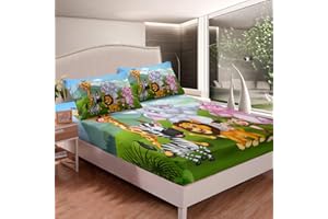 LOUSSIESD Kids Animal Bedding Set Cartoon Lion Elephant Giraffe Printed Bed Sheet Set Child Boys Girls Safari Zoo Pattern Sheets Hypoallergenic Fitted Sheet Bedroom Collection 3Pcs Double Size