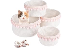 GYBOOM 4 Piece Storage Basket Set- Natural Cotton Rope Woven Baskets for Organizing!Basket for Baby Nursery, Dog Toy Baskets, Cat Toy Box, Bathroom Organization Bin(Pink edge)