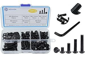 WZHUIDA 150 Piece M5 Screws Set, Black Rounded Head Screws with Nuts Assortment Kit, Half Round Head Hexagonal Screws, Thread Machines, Hex Screws, Carbon Steel