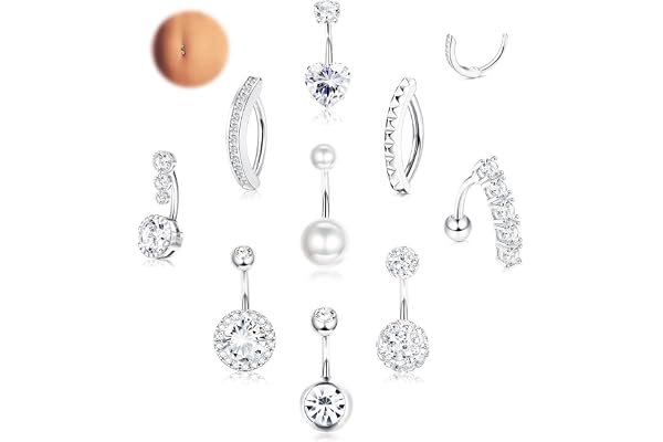 LOLIAS 9 stycken 14 g navelpiercing kirurgiskt stål silver/guld piercing navel cZ clicker navelpiercing ring 10 mm för kvinnor navelpiercing set