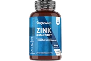 ‎WEIGHTWORLD Zink Tabletten - 400 vegane Tabletten - 1+ Jahr Vorrat - Zinc trägt zur Aufrechterhaltung eines normalen Testosteronspiegels im Blut bei(EFSA) - Zink Bisglycinat - Alternative zu Tropfen - WeightWorld