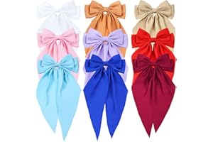 YOOSIT 9 Pack Oversized Satin Hair Bows White Pink Red Blue Green Black Hair Accessories Bowknot with Long Tail Ribbon Giant Hair Bow Clips French Barrettes for Women Girls (Set 2 of Women Hair Bows)