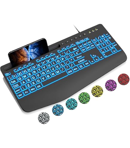 Computer Keyboard Wired,7-Color Rainbow LED Backlit, Quiet Light