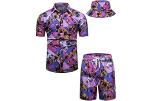 fohemr Mens Luxury Shirt and Short Set Outfit Baroque 2 Piece Black Gold Chain Print Casual Button Down Hawaiian Shirt Suits with Bucket Hat