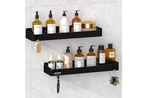 Wisfame Shower Shelf, No Drilling, Pack of 2, 40 cm Shower Shelf with Large Capacity, Shower Shelf Black with Hooks, Shelf Bathroom No Drilling, Shower Basket Stainless Steel for Bathroom, Kitchen
